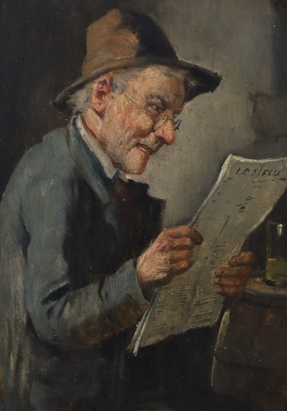 Constantin Stoitzner (Austrian, 1863-1934), oil on wooden panel, 'Reading the news', signed, 20 x 14cm
